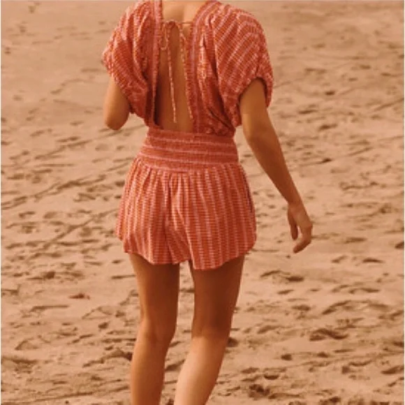 Anthropologie 100% Cotton Pink and Coral Gingham Smocked Romper - Picture 2 of 14